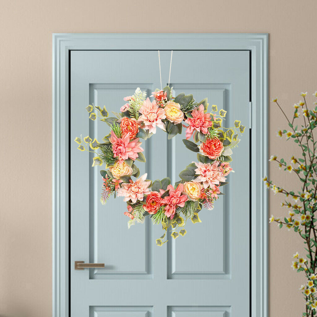 Artificial Flower Wreath Dahlia Floral Eucalyptus Garland Front Door Decor