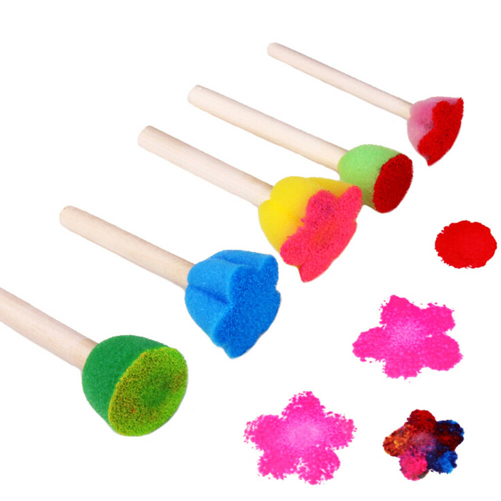 5Pcs/Set Children Diy Painting Sponge Brush Toys Wooden Handle Learning Tool  Tt
