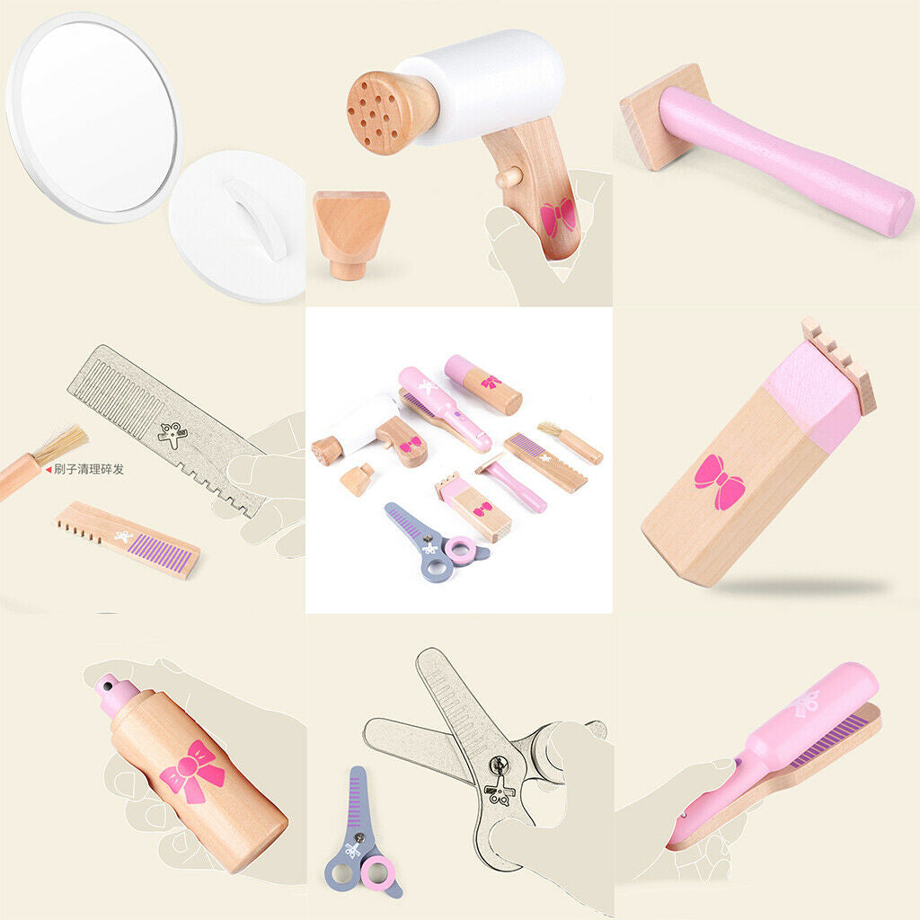 Wooden Pretend Play Toys for Girls Makeup Playset Hair Dryer Comb Brush Kit