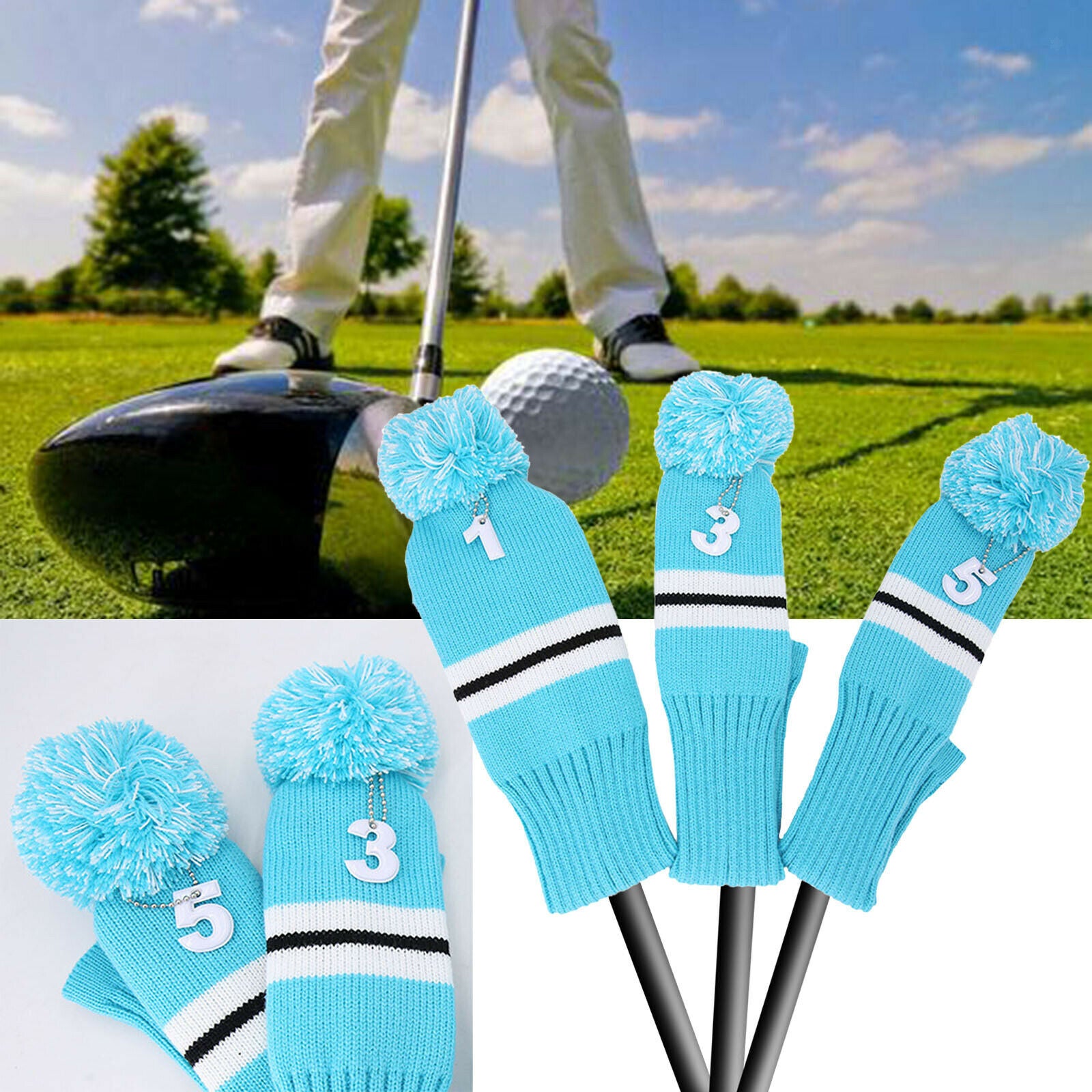 3Pcs Stripes Golf Pom Pom Head Covers Protector For Wooden Racket,