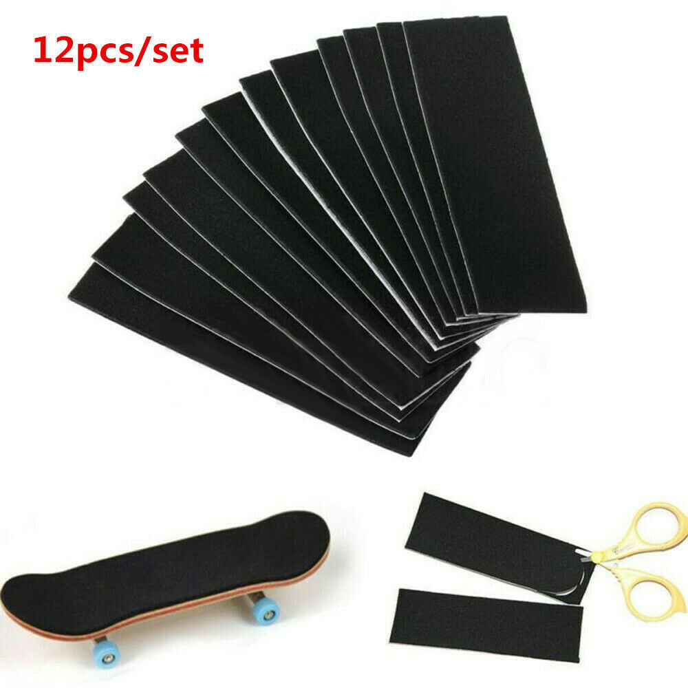 12Pcs/set Wooden Fingerboard Deck Uncut Black Grip Tape Stickers 110mm x 35mm