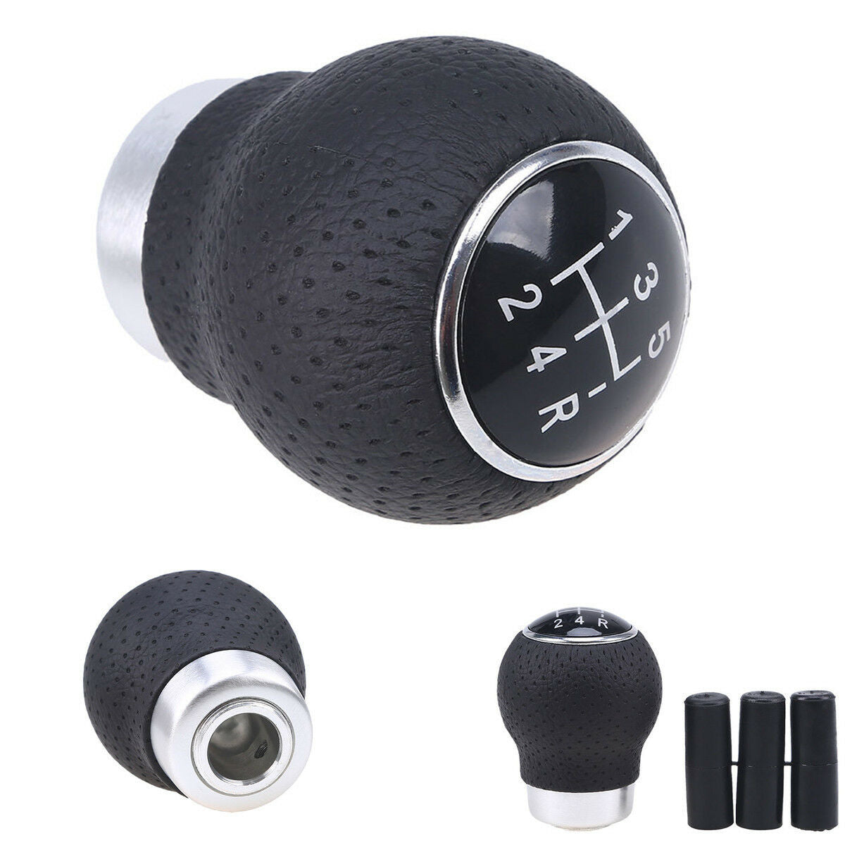 5Speed Black Leather Universal Aluminum Manual Car Gear Shift Knob Shifter Lever