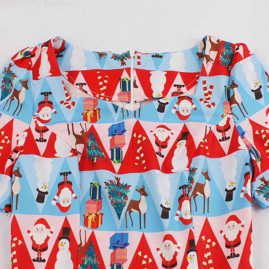 Women's Short Sleeve A Line Dress Xmas Santa Print Party Swing Dress  L