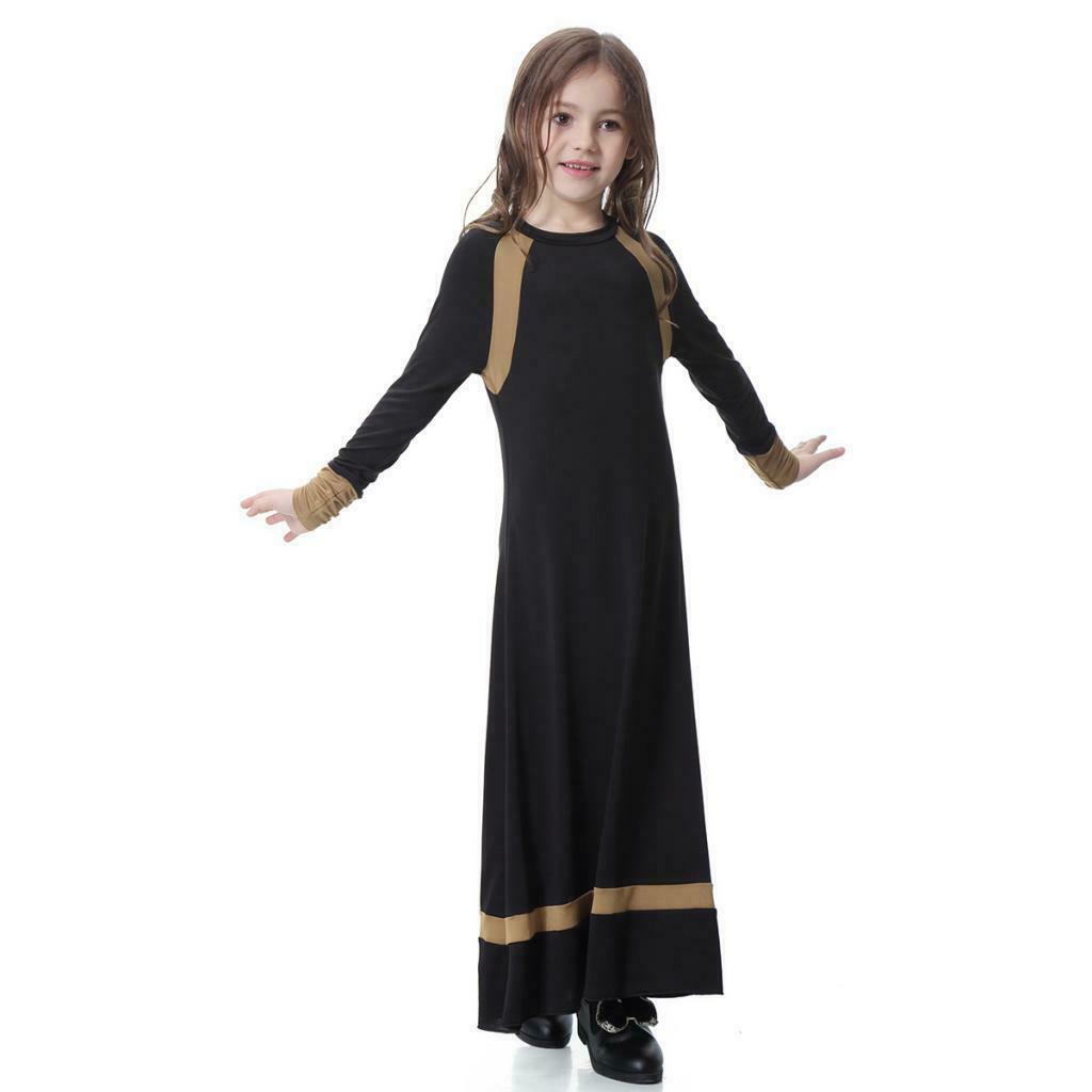 Girls Hit Color Long Sleeve Muslim Maxi Dress Ball Gown Abayas Black S