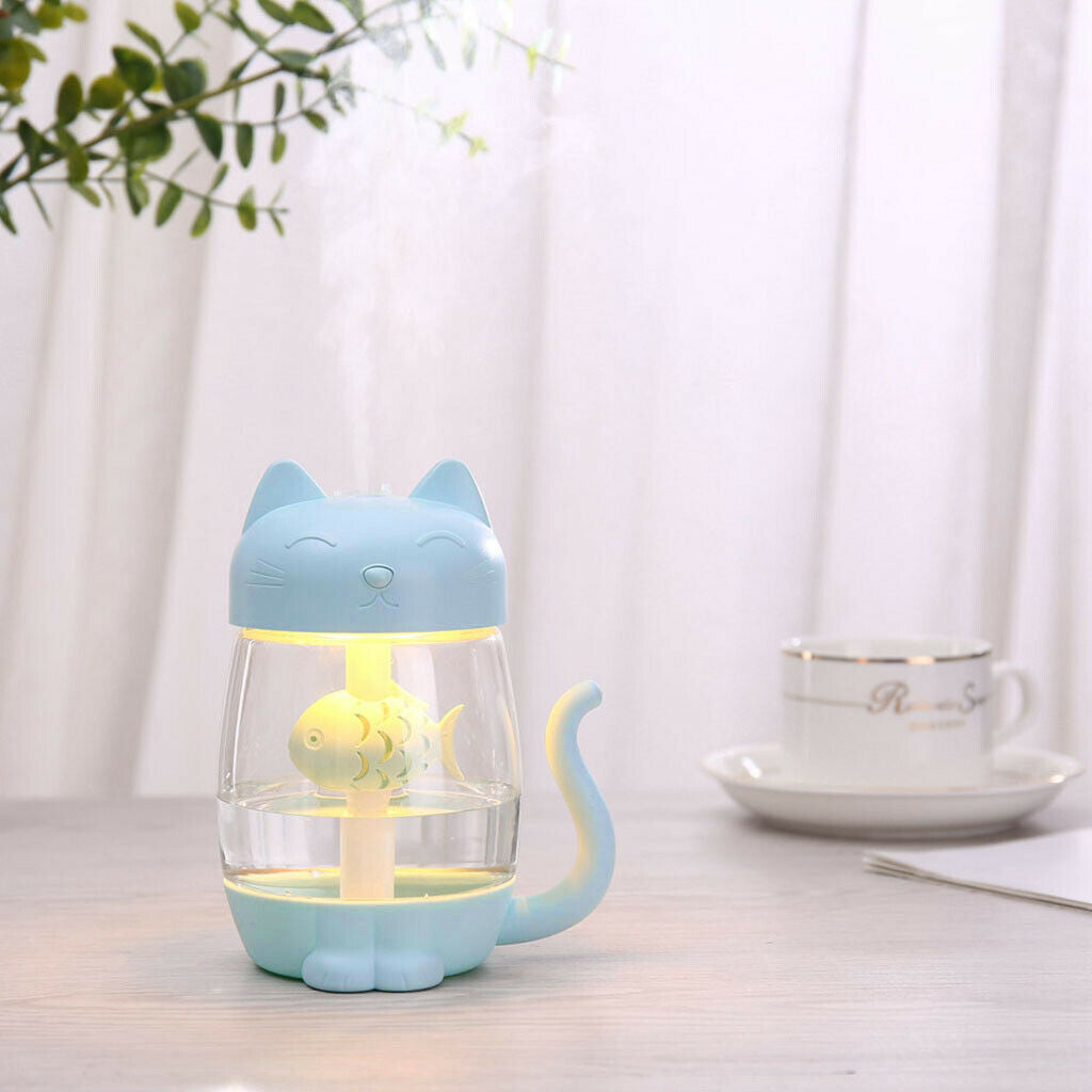 2 lot USB Cat Humidifier Fan LED Light Air Diffuser for Car Desk Purple+Blue