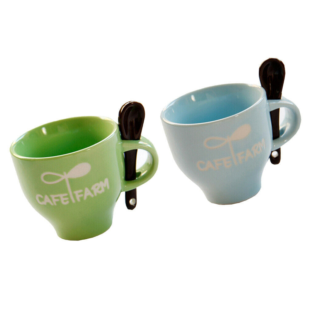 Set of 2, Mini Ceramic Coffee Mugs Espresso Cups w/ Spoon 4oz Green Blue
