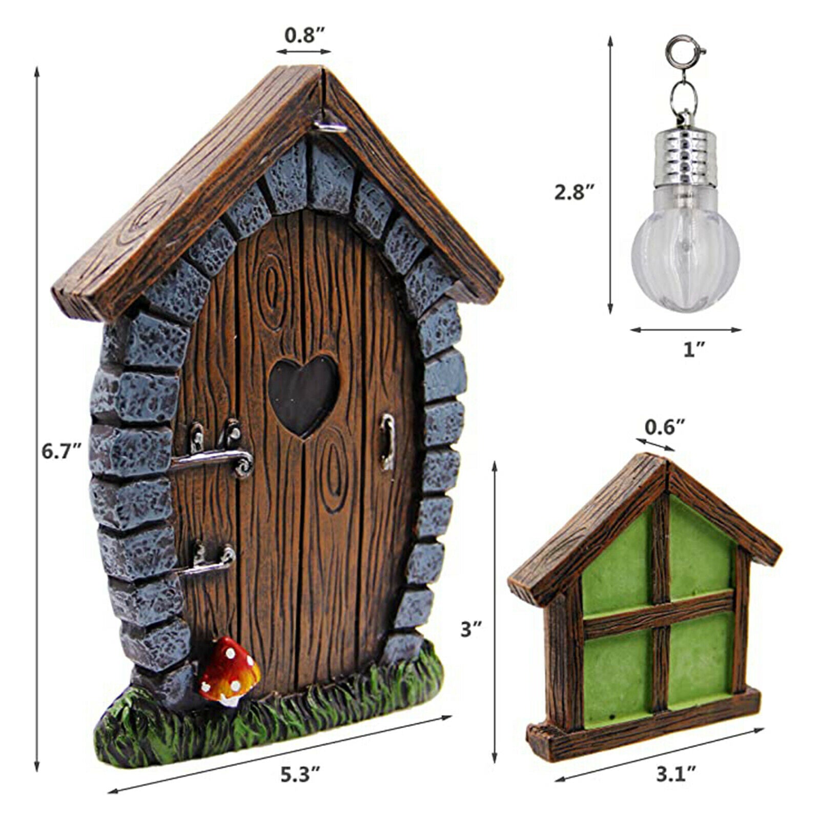 Fairy Gnome Home Door 6.7 Inches Tall Windows Set Yard Art Decor Ornament