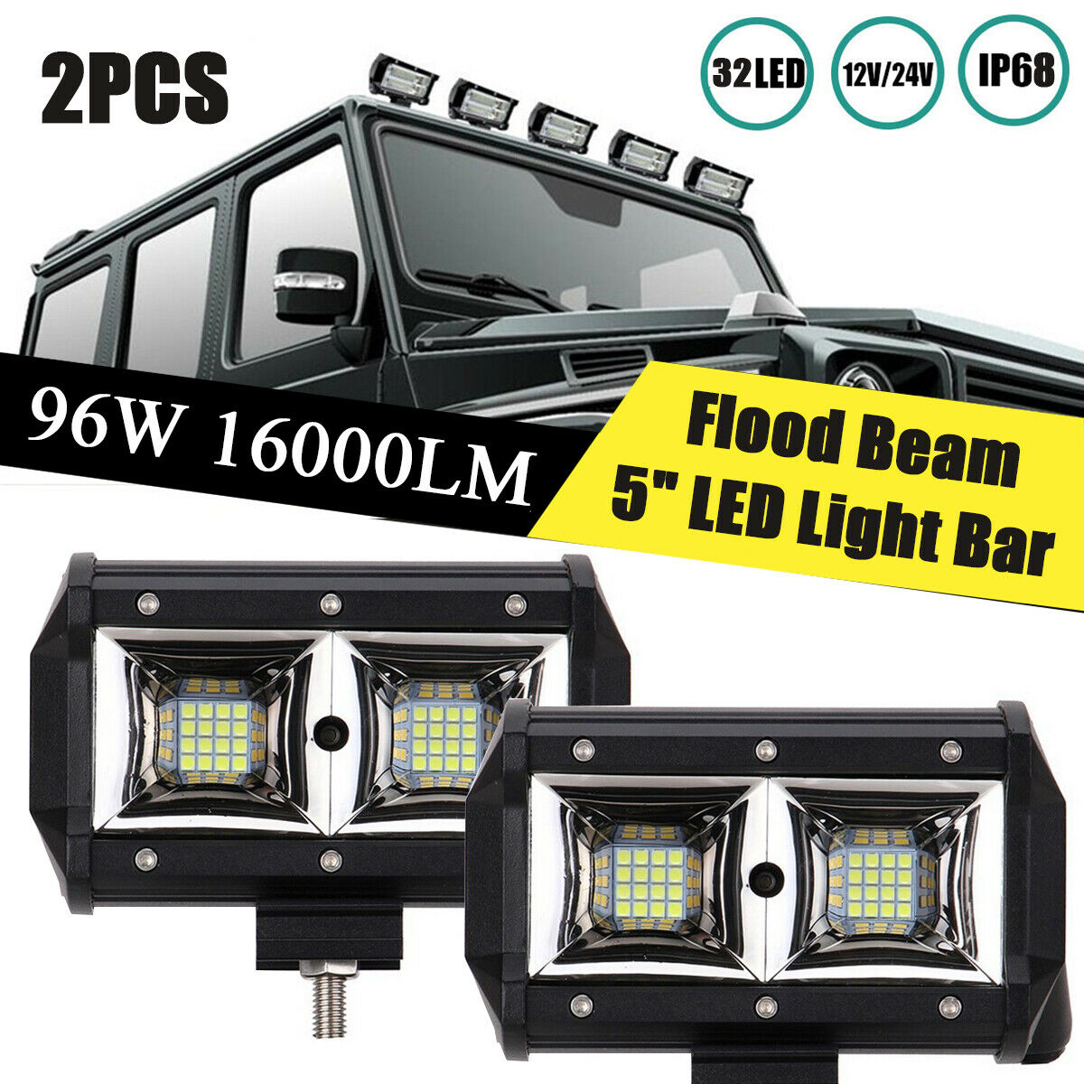 Pair 5.2 " 96W LED Work Light Bar Flood Beam OffRoad Driving Reverse 4x4 Ford