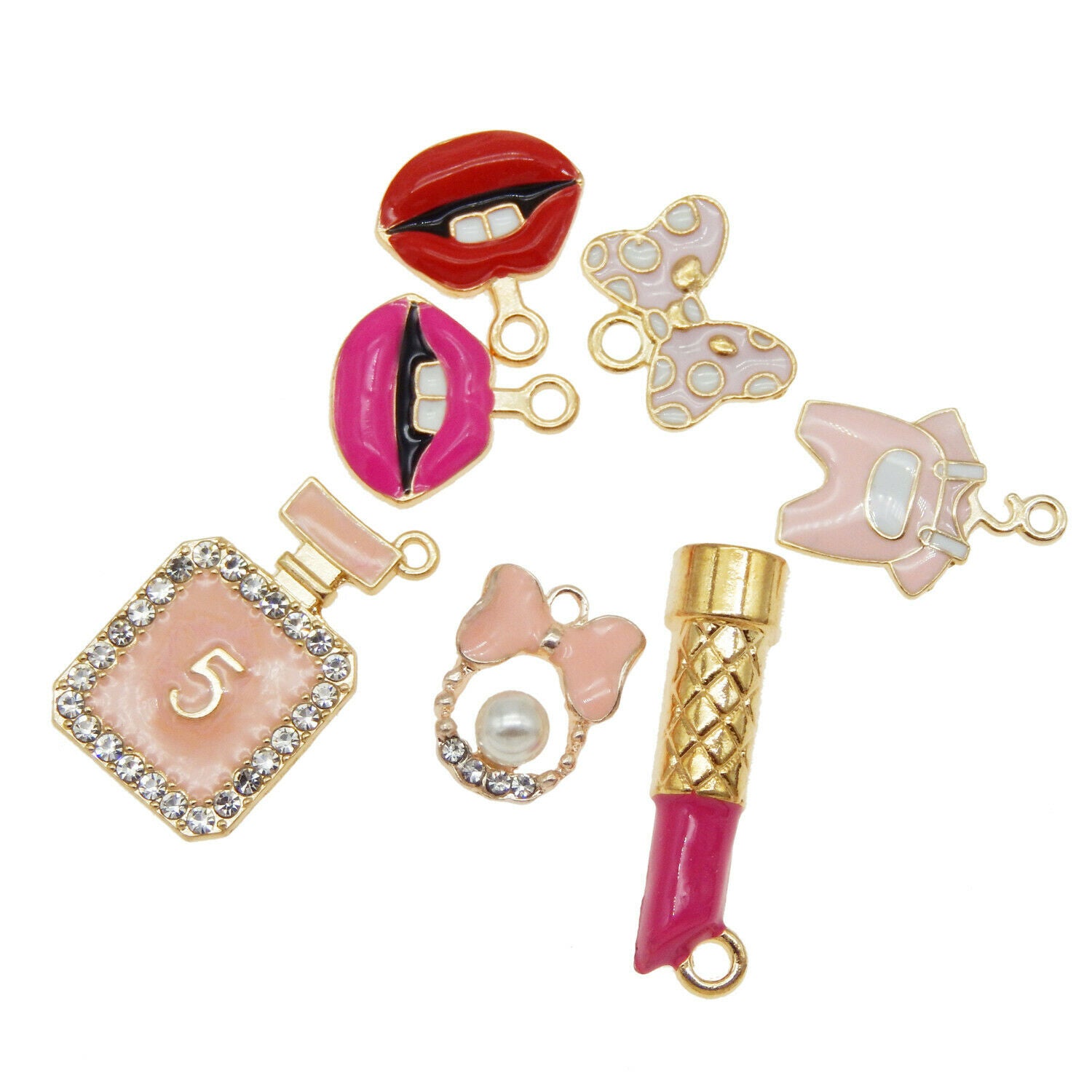 14 PCS Assorted Pink Women Cosmetic Enamel Charm Lipstick Bowknot Alloy Pendant