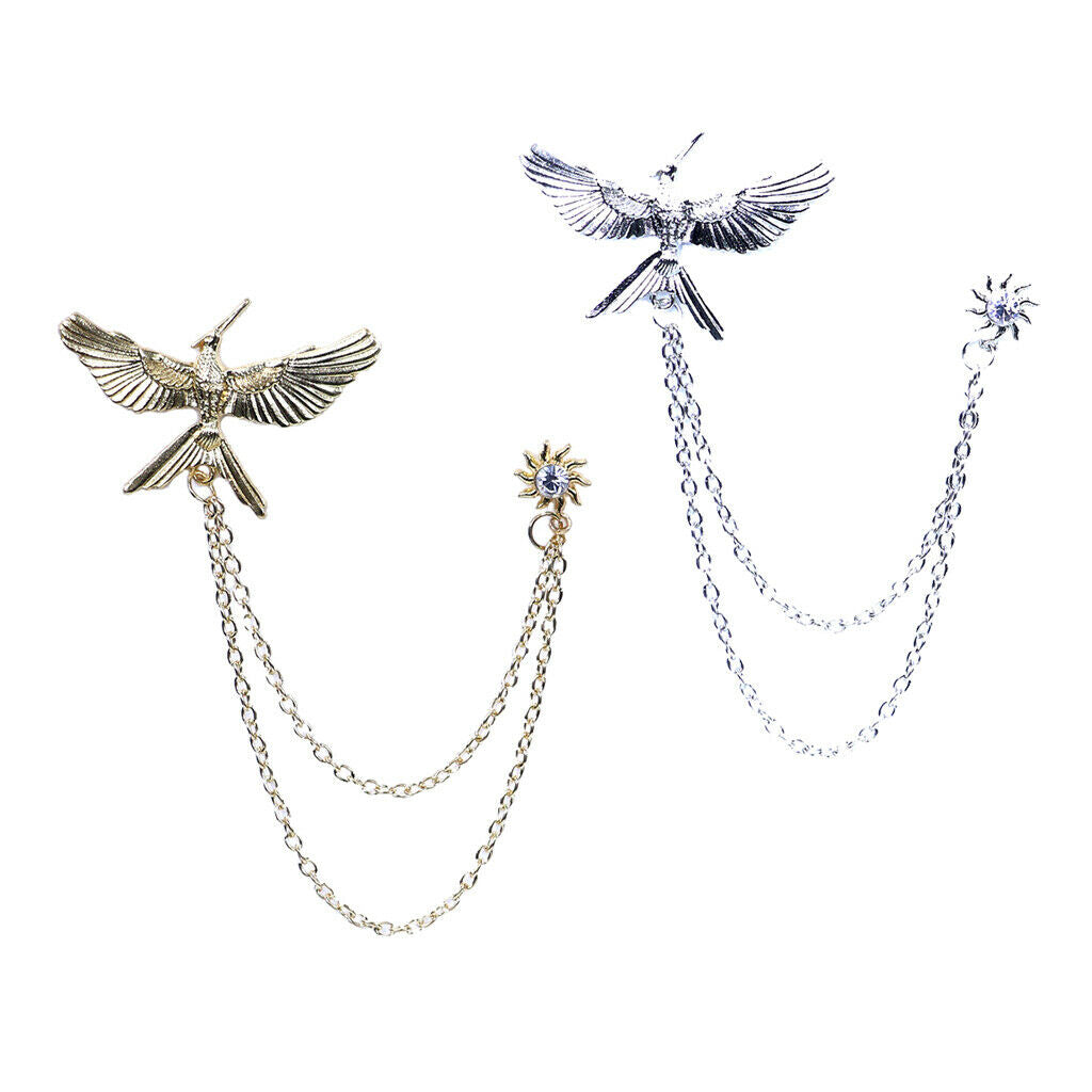 2 Pieces Novelty Flying Eagle Chain Brooch Pin Button, Shirt Neck Collar Tips