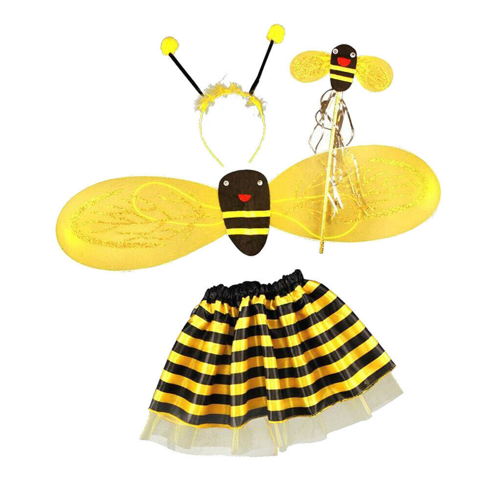 4Pcs Girls Bee Costume Fairy Party Dress Halloween Outfit Headband Skirt Set