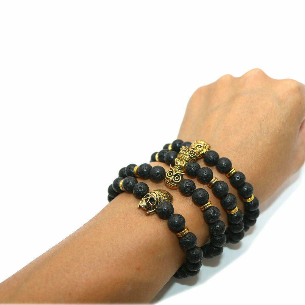 Fashion Women Men Black Lava Stone Beaded Charm Bracelet Jewelry Lion Head