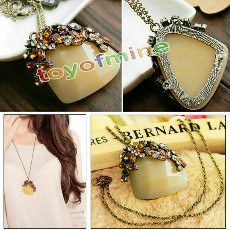 Fashion Womens Oval Amber Hollow Rhinestone Long Chain Pendant Necklace Jewelry