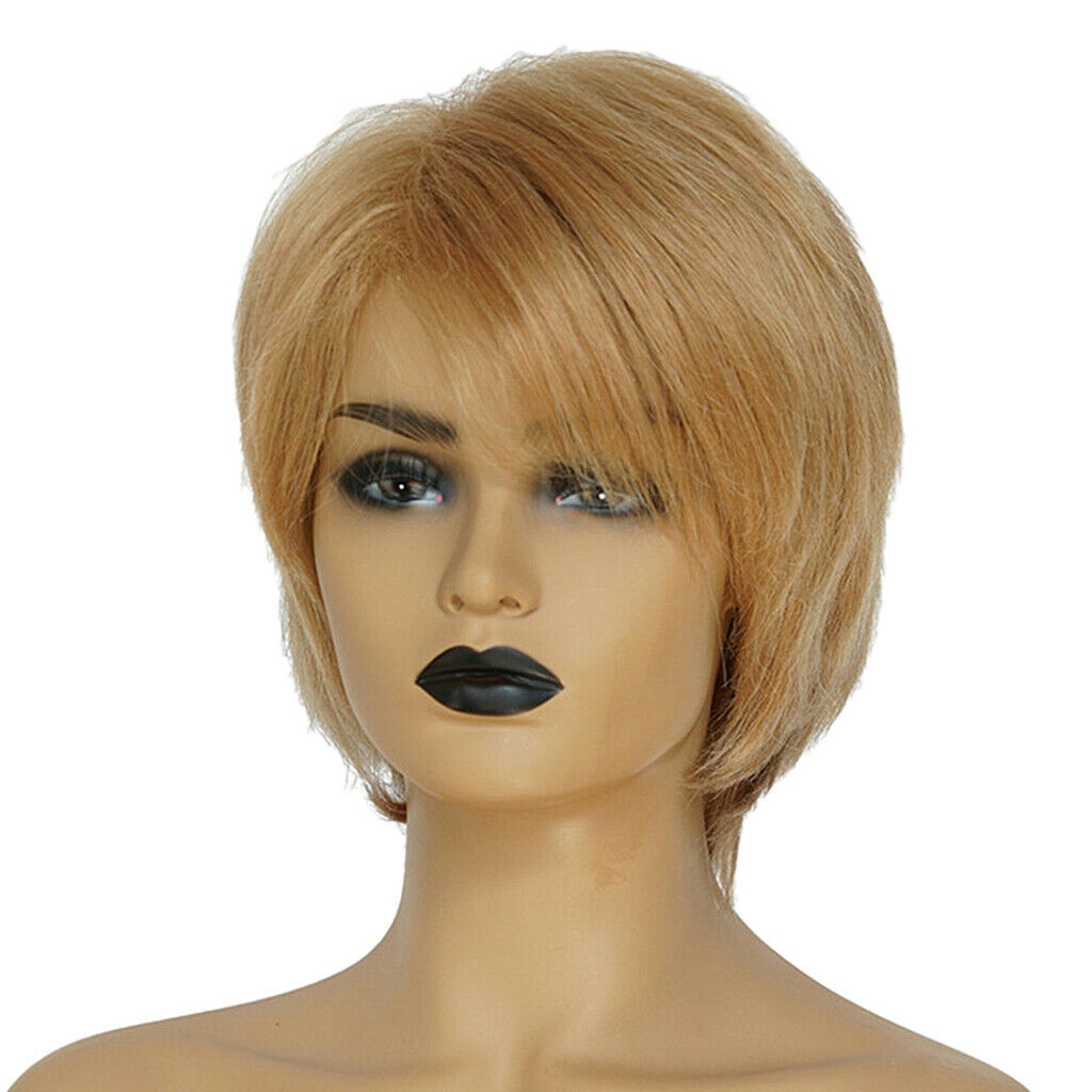 Natural Human Hair Short Straight Brown Pixie Cut Full Hair Wig Side Part