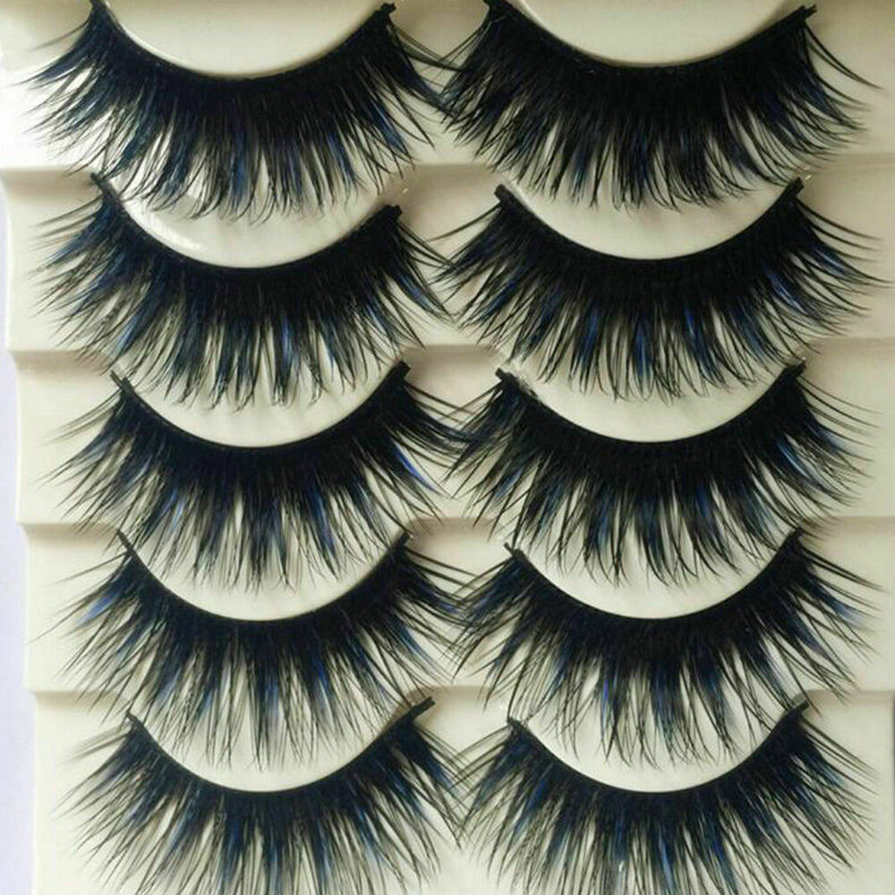 5 Pairs Blue+Black Handmade Long Thick Cross False Eyelashes Makeup Eye Lashes ~
