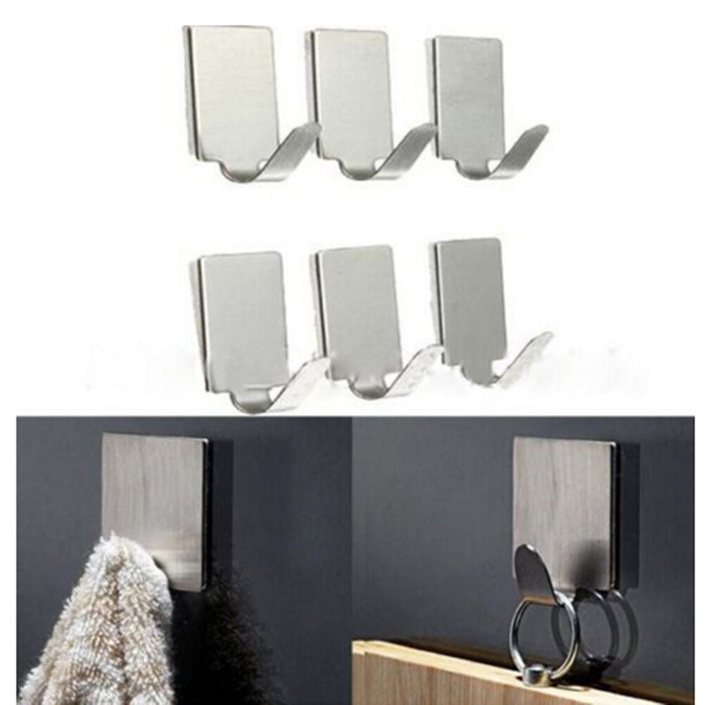 6x Adhesive Kitchen Wall Door Stainless Steel Square Stick Holder Hooks Hang XC