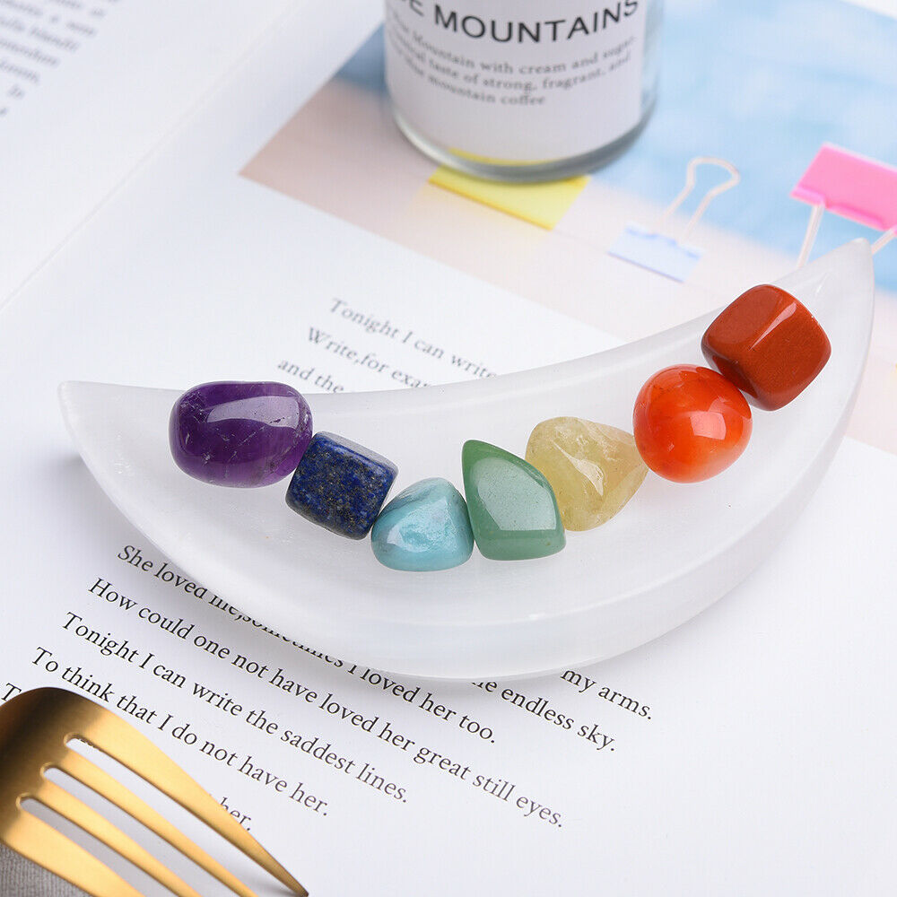 Selenite Moon Bowl With Chakra Stones Charging Crystal Bowl Ritual Reiki Gift