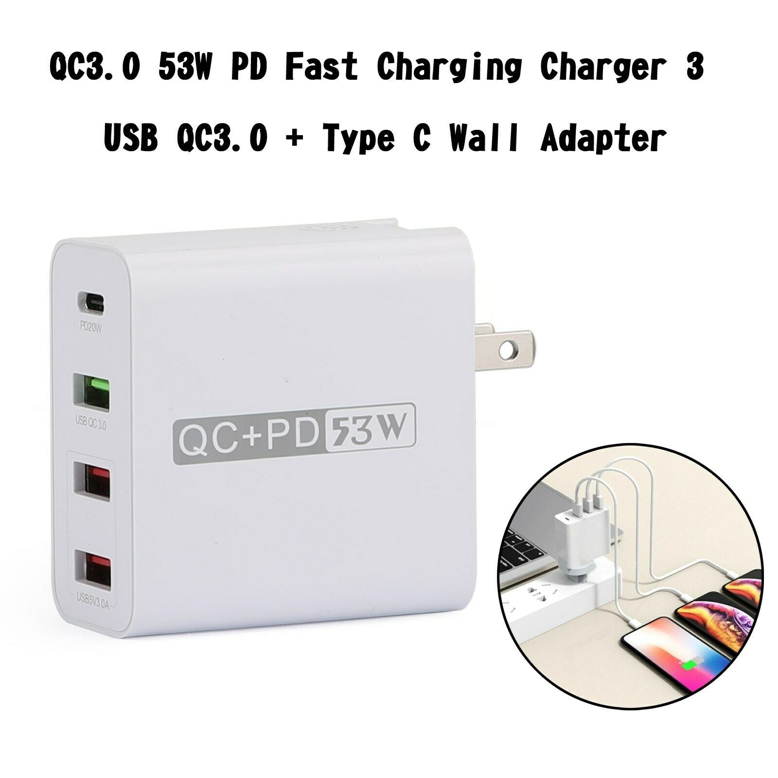 QC3.0 53W PD Fast Charging Charger 3 USB QC3.0 + 20W PD Port Type C US Plug