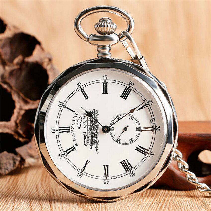 Retro Open FaceSilver Railway Mechanical Hand Winding Pocket Watch Chain Gift