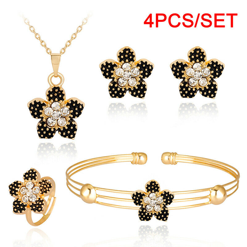 4PCS Black Peach Blossom Necklace Earrings Ring Bracelet Jewelry Sets Wed.l8