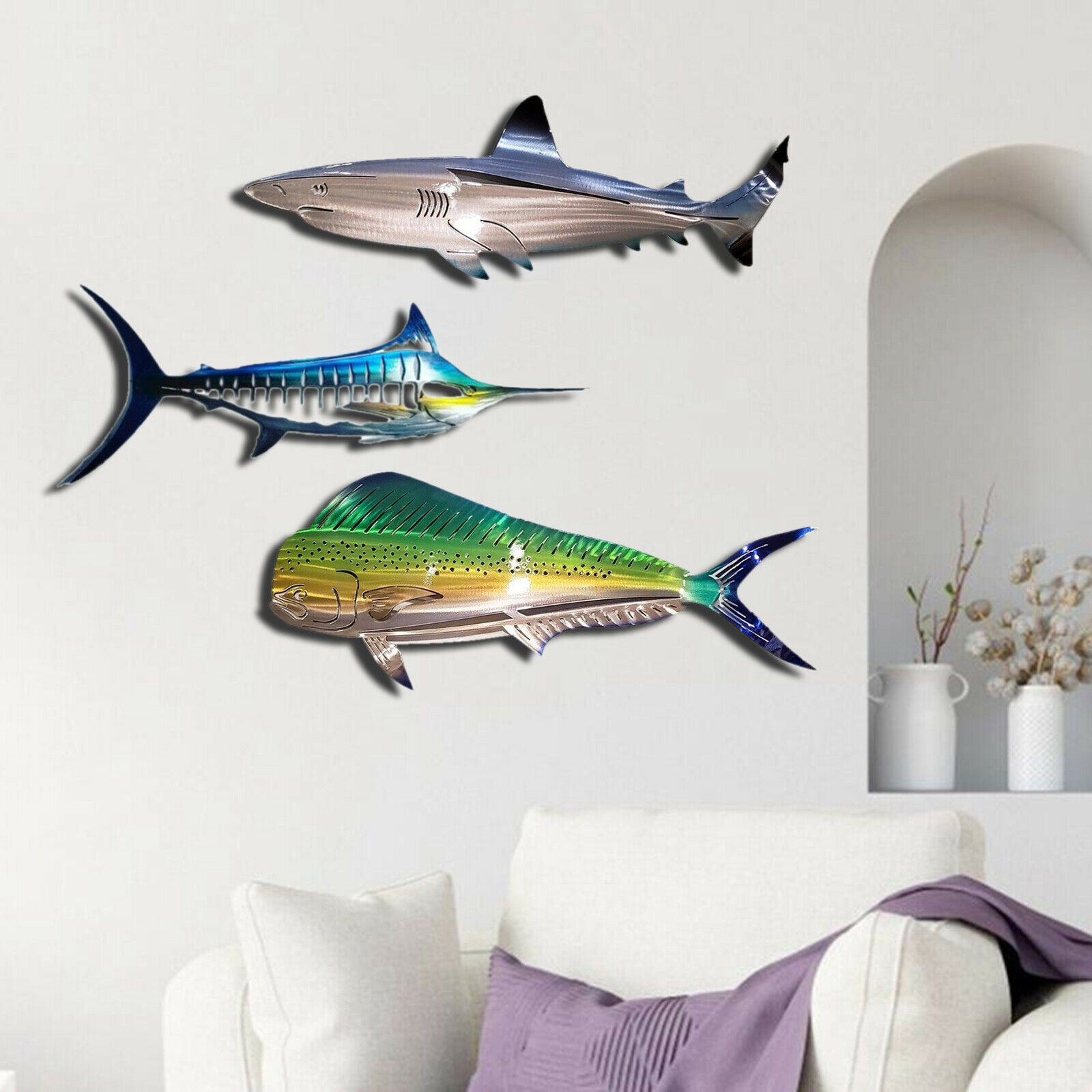3Pcs Metal Shark Wall Decor Ocean Fish Hanging Sculpture Living Room Garden