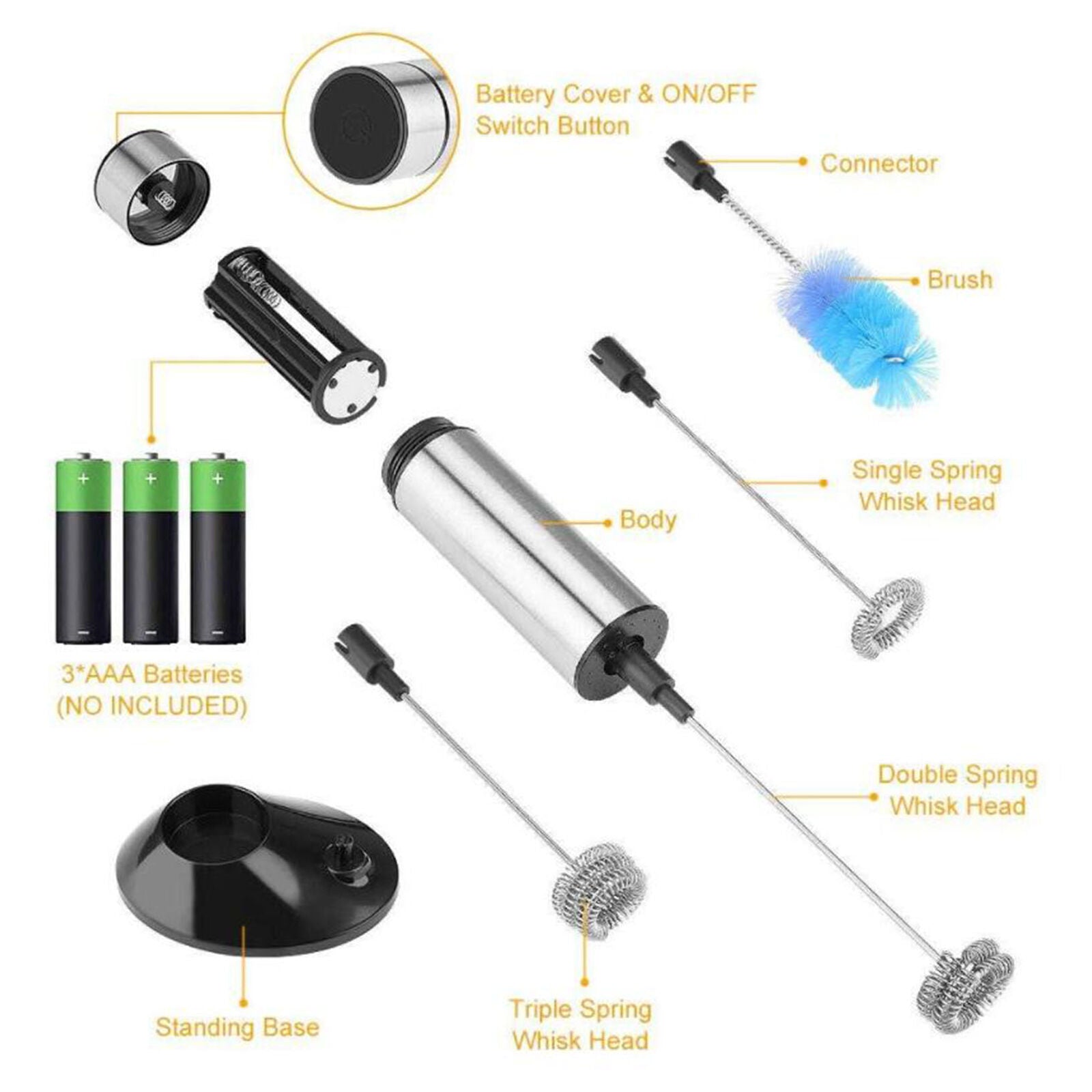 Electric Milk Frother W/ 3 Spring Whisk Head Drink Mixer Coffee Foam Maker Tool