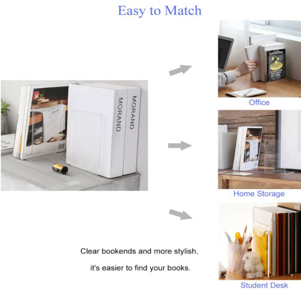 2Pc Transparent Bookends Book Display Stand Holder Frame Document Desk Organizer