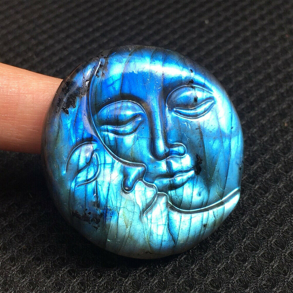 Natural Moon Sun Kiss Face Labradorite Crystal Carved Rainbow Healing Decoration