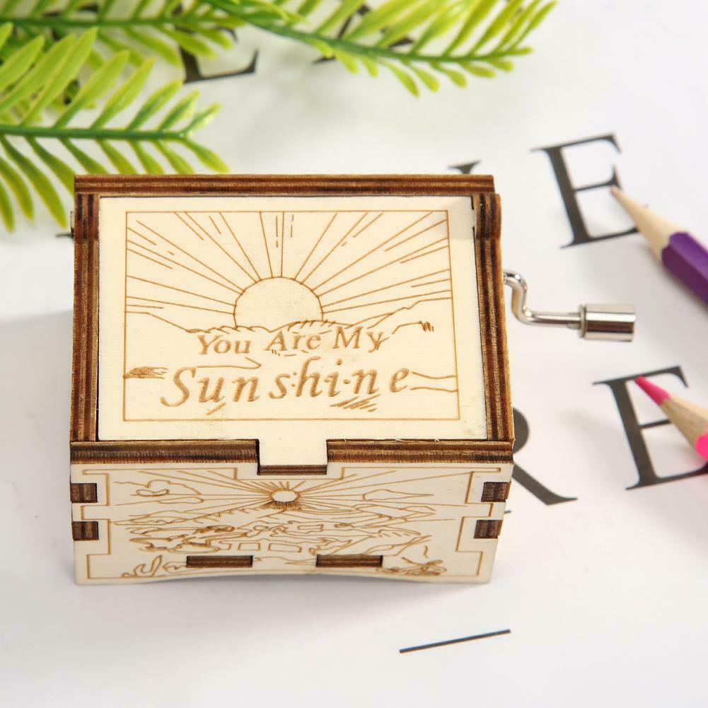 Retro Carved Wooden Manual Music Box Hand Cranked Birthday Gift Ornaments @