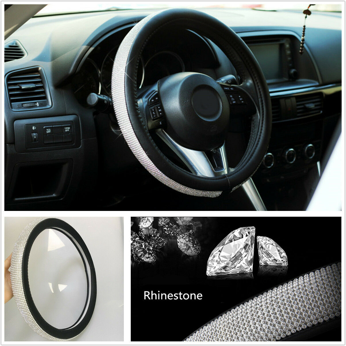 15'' 38cm Crystal Car SUV Steering Wheel Cover PU Leather Cool Bling Rhinestone
