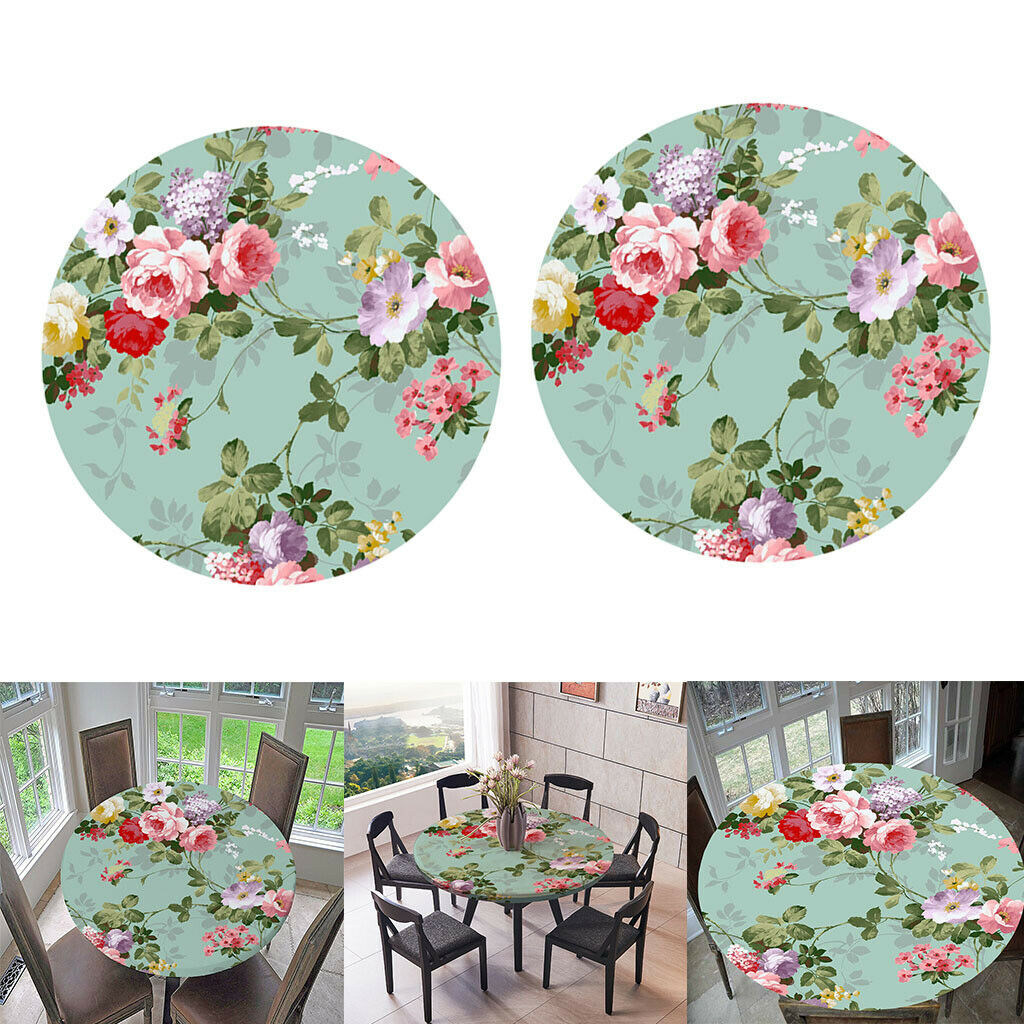 2pcs Polyester Table Cover Kitchen Elastic Edged Tablecloth Floral Pattern