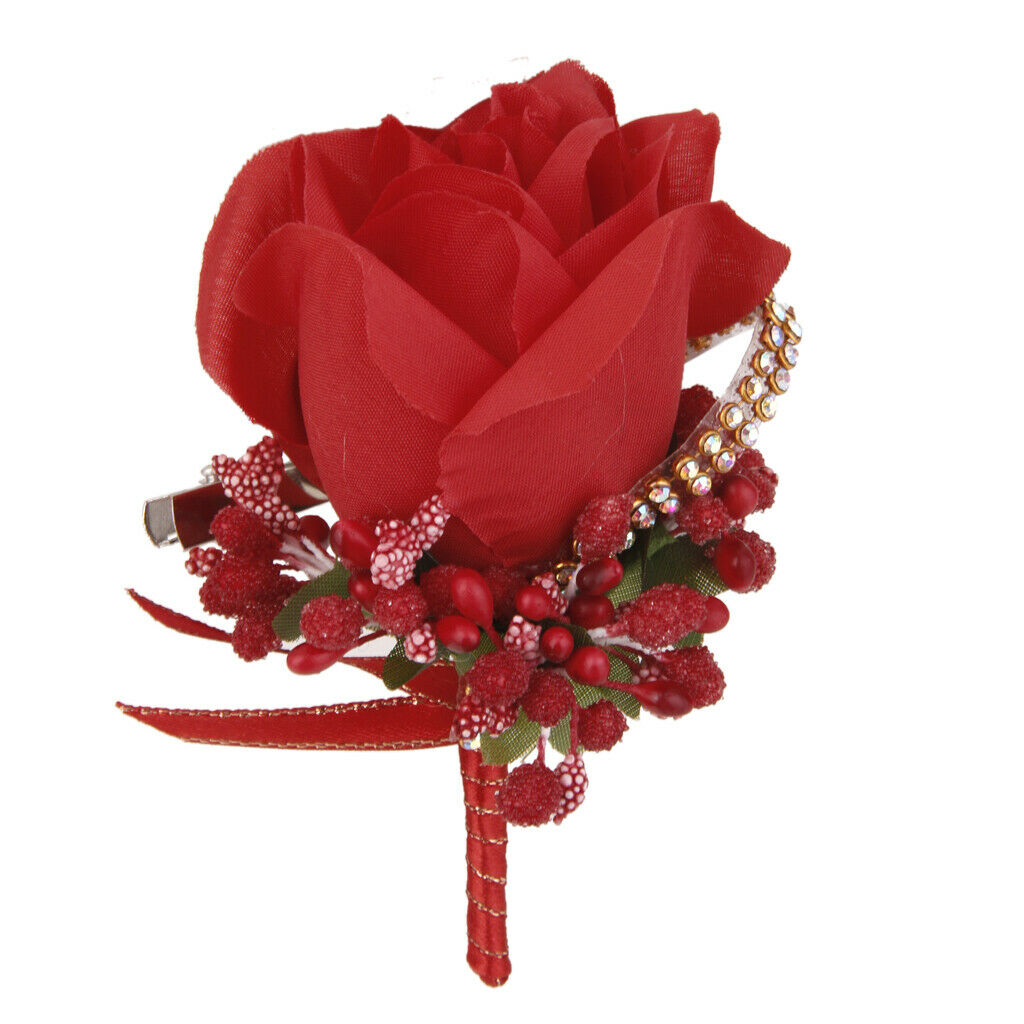 Mens Wedding Bridal Groom Crystal Rose Red Silk Flower Brooch