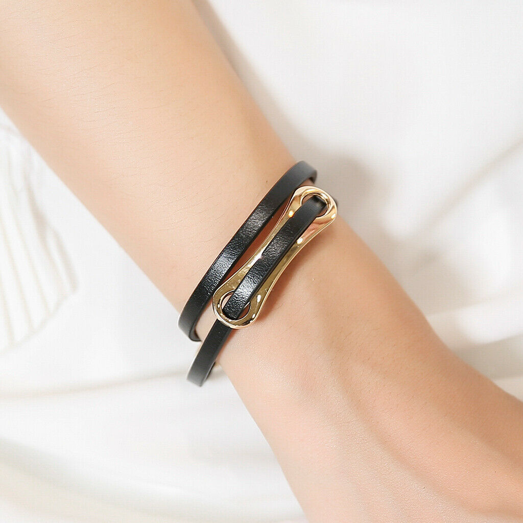 Leather Double Wrap Belt With T Buckle Bracelet Cool Wristband Cuff Black