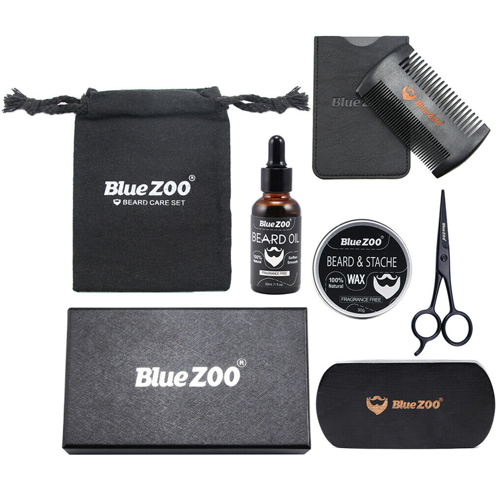 2 Set Men Grooming Kit Beard Balm Oil Wax Mustache Comb Brush Bag Scissors