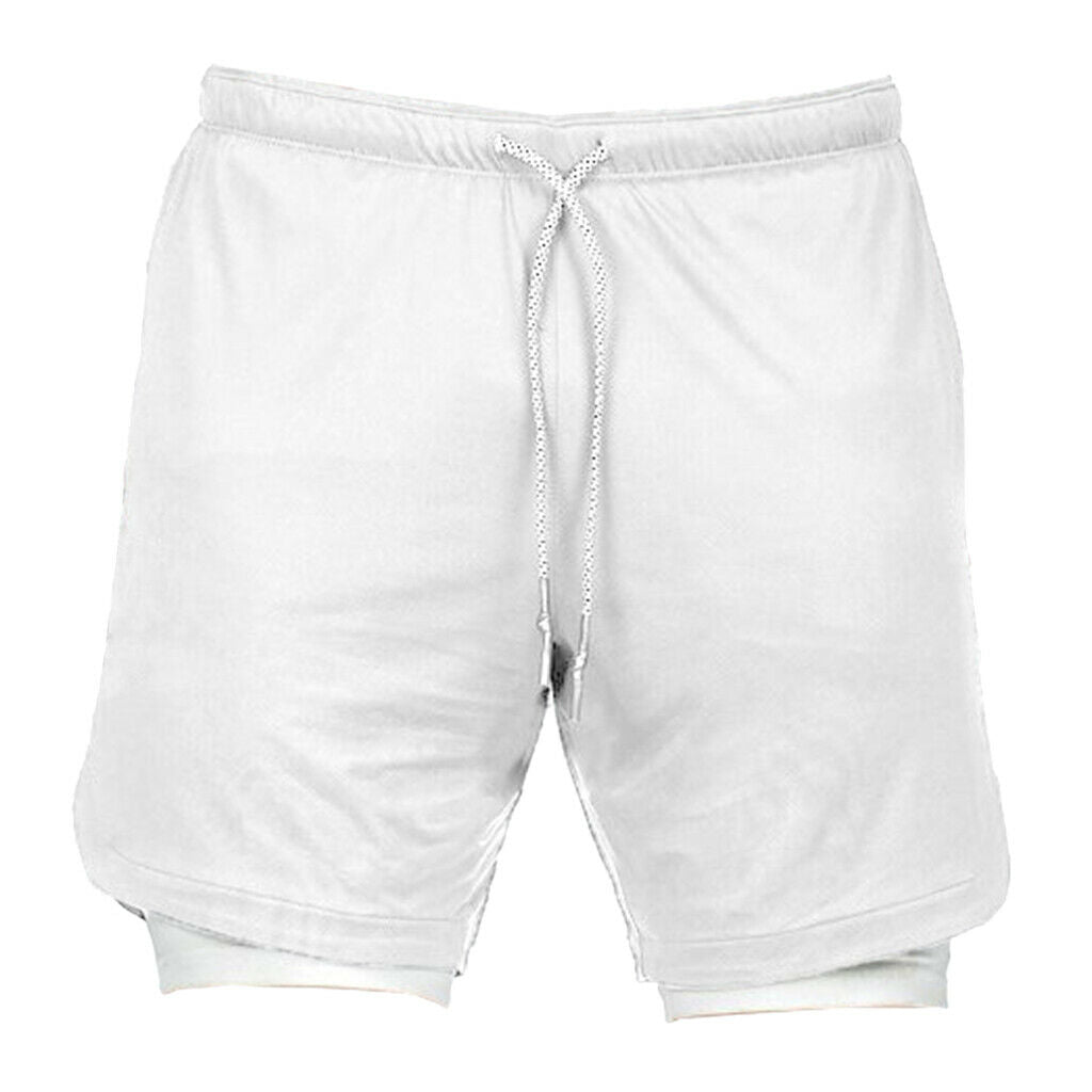 Men 2 in 1 Running Shorts Built In Base Layer Pants Pocket White XL