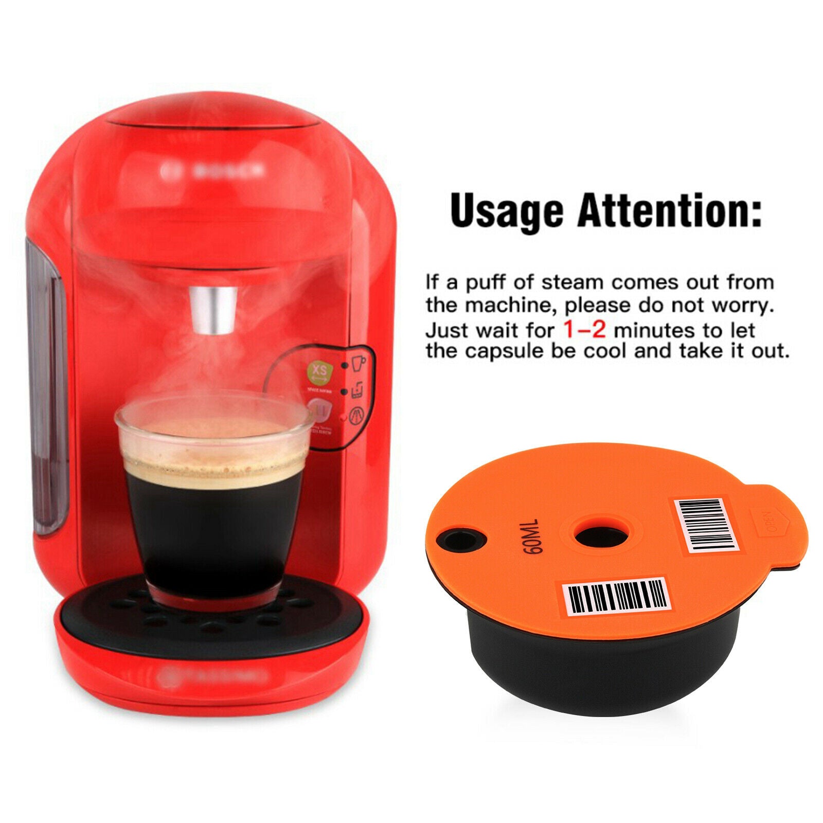 2x Reusable Coffee Capsule Pods with Slicone Lid for Bosch   60ml