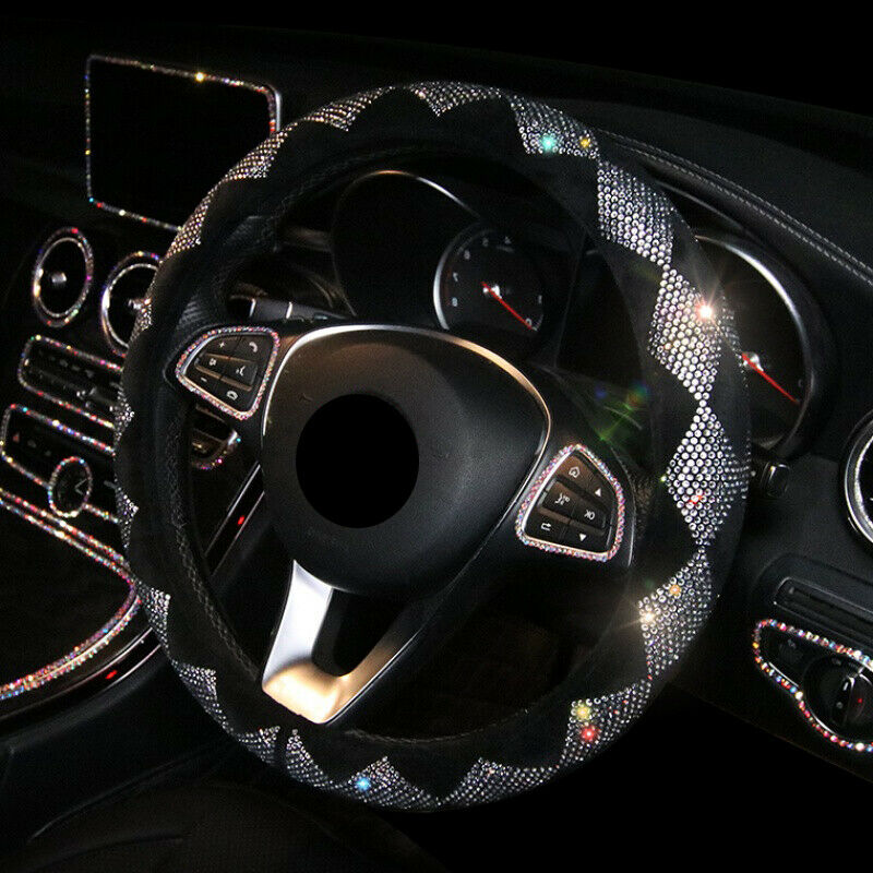 38cm 15" Car Anti Slip Suede Steering Wheel Cover w/Bling Color Diamond Auto SUV