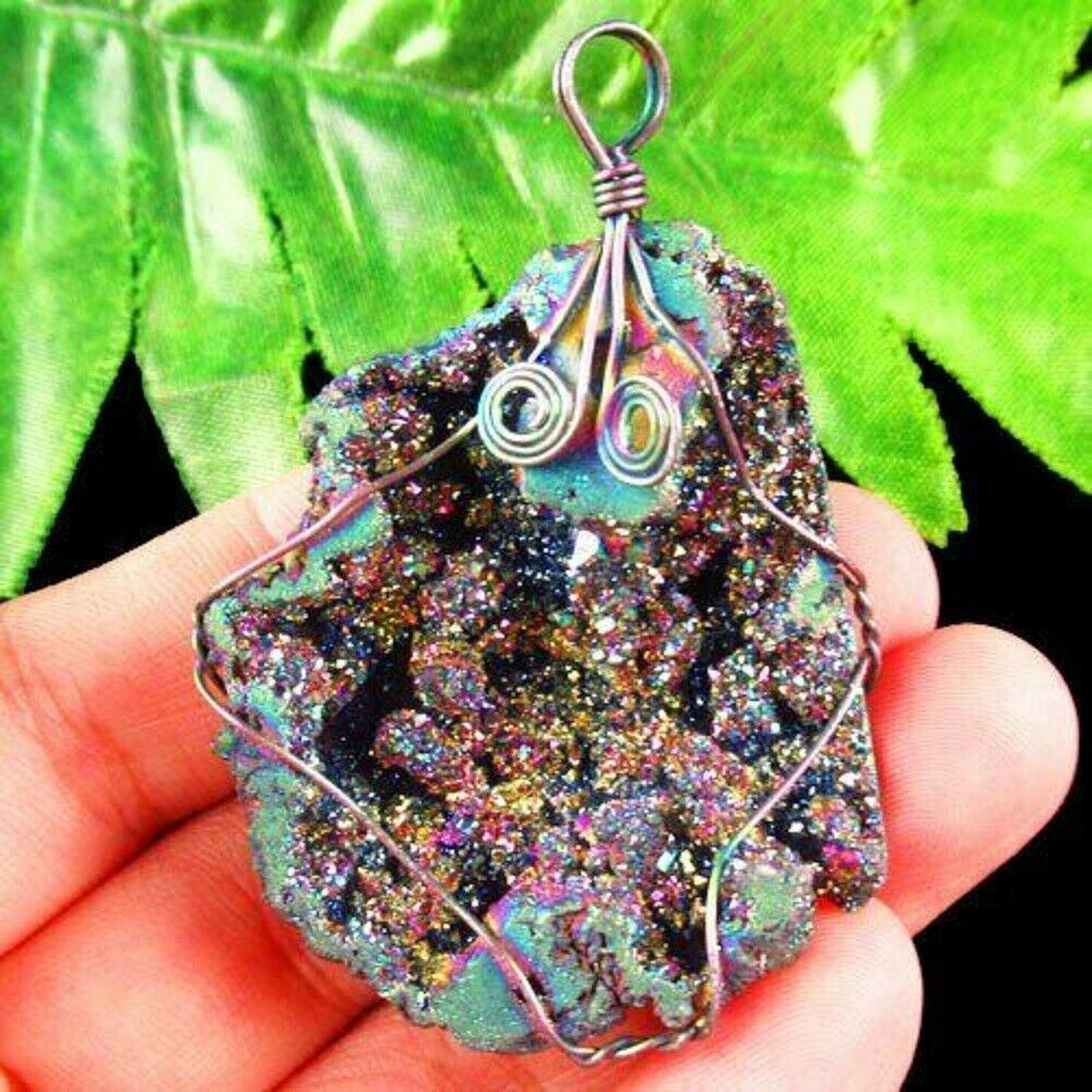 Wrap Rainbow Titanium Crystal Agate Druzy Natural Quartz Geode Pendant Beads US