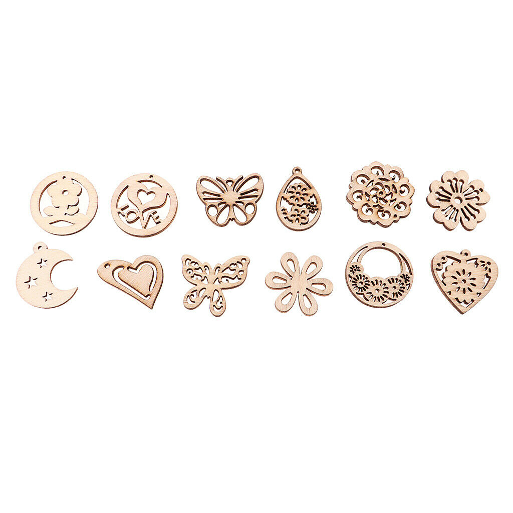 50 Pieces Mixed Wooden Cutout Butterfly Flowers Heart Moon Shapes Embellishments