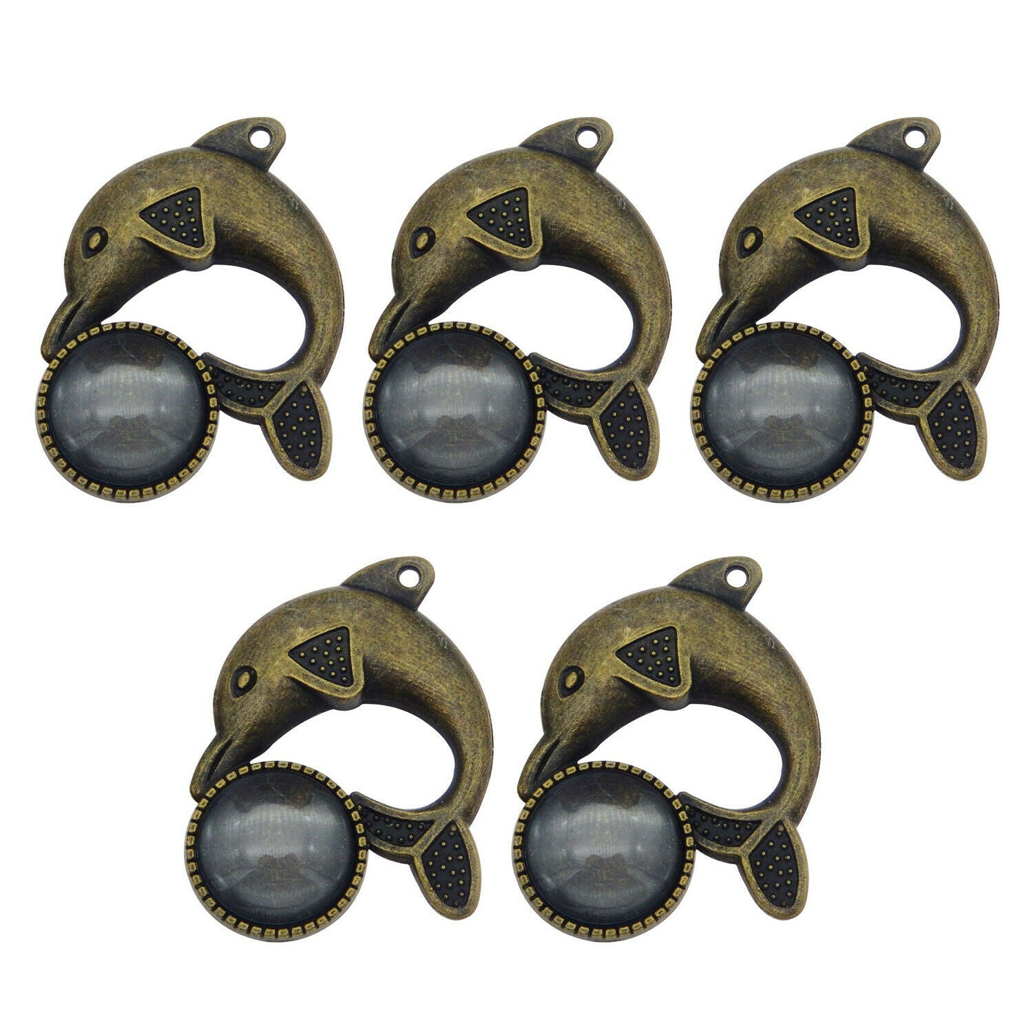 5 Sets/lot Bronze Alloy Dolphin Bezel Tray Glass Cabs Pendant Charms Jewelry DIY