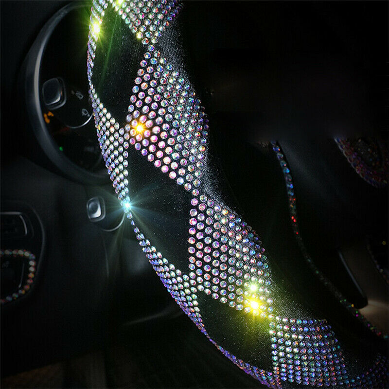 Car Anti Slip Interior 38cm 15" Color Diamond Suede Steering Wheel Cover w/Bling