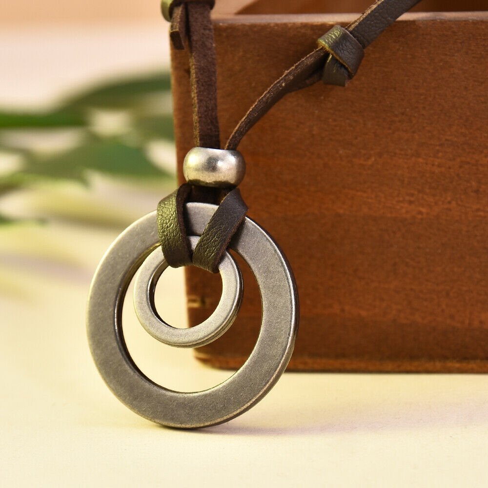 Men Women Retro Double Ring Pendant Adjustable Leather Cord Necklace Jewelry