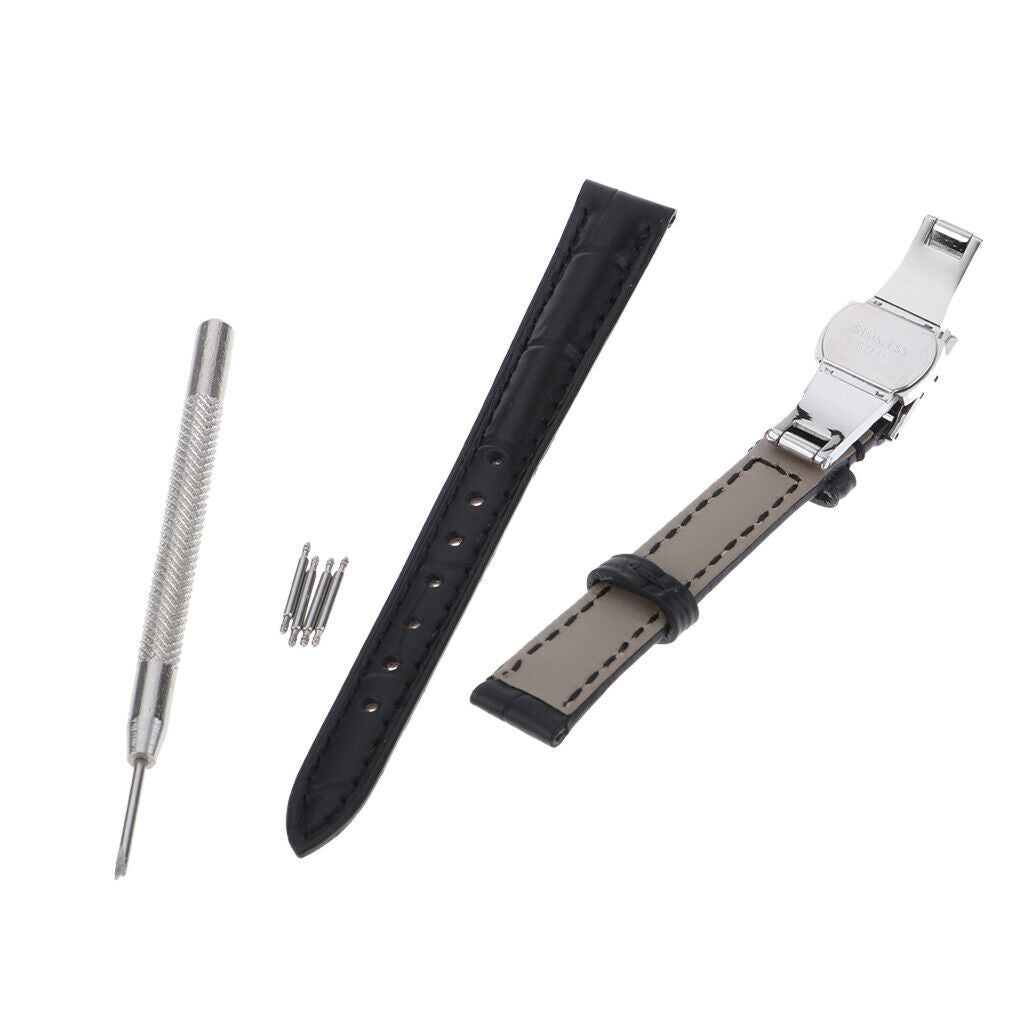 Watch Band Leather Replacement Belt Buckle Accessory Black with black line