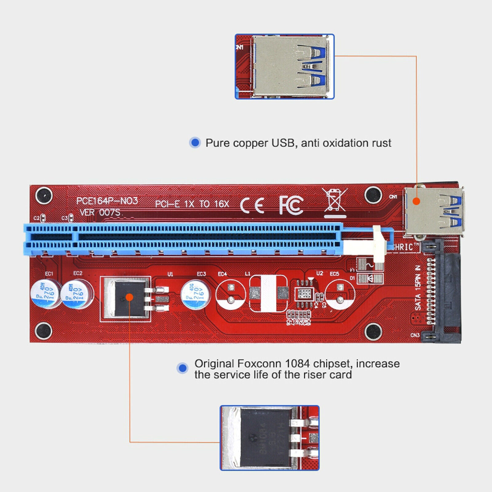 5x VER007 PCI-E GPU Riser Card 007S PCI Express USB 3.0 for Ethereum Mining