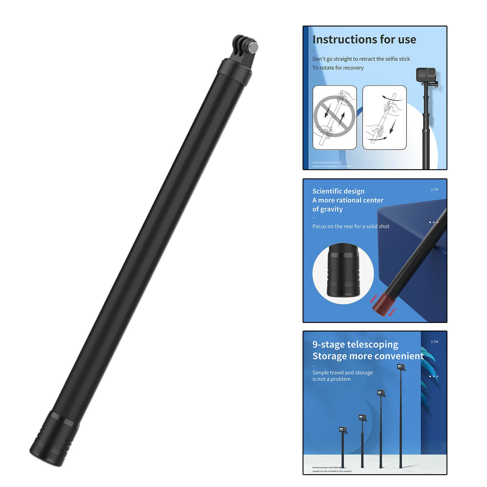 Carbon Fiber Pole Monopod Lightweight 2.7M Selfie Stick for Insta360 Black