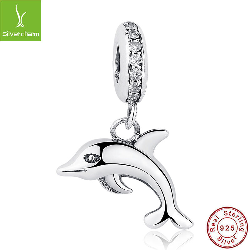 Women Girls Naughty Playful Dolphin Clear CZ Bead 925 Charm For Christmas Gift