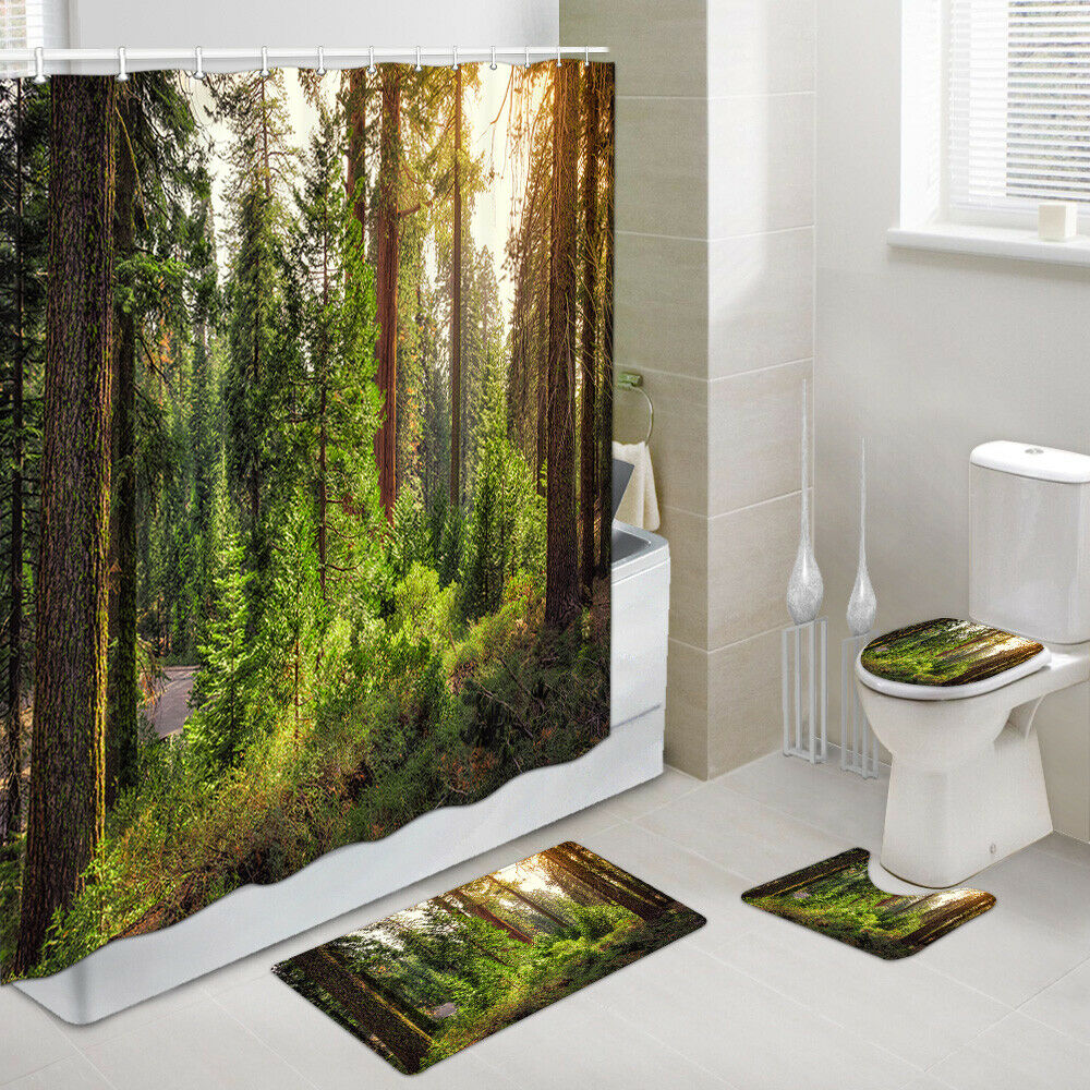 Sun Shines Through The Forest Shower Curtain Bath Rug Toilet Lid Seat Cover Set