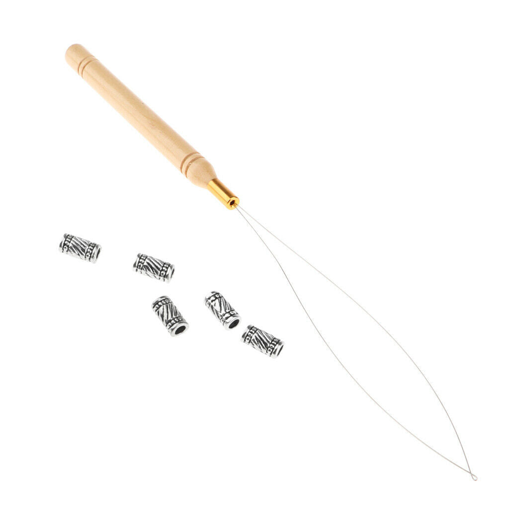 5Pcs Hair Braid Bead Hair Extensions Decoration + Wire Pulling Hook Tool 03