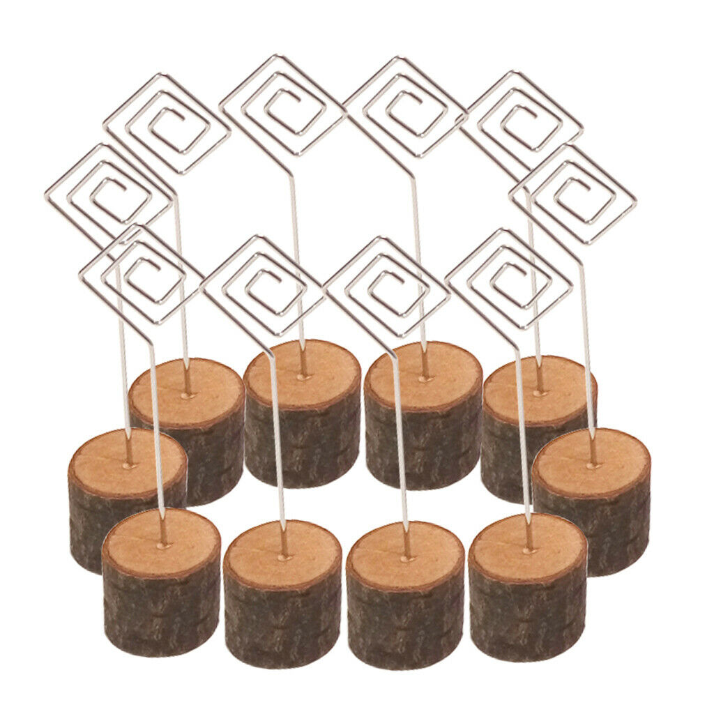 10x Card Holders Table Number Stands Swirl Wire Wooden Base Clip Wedding