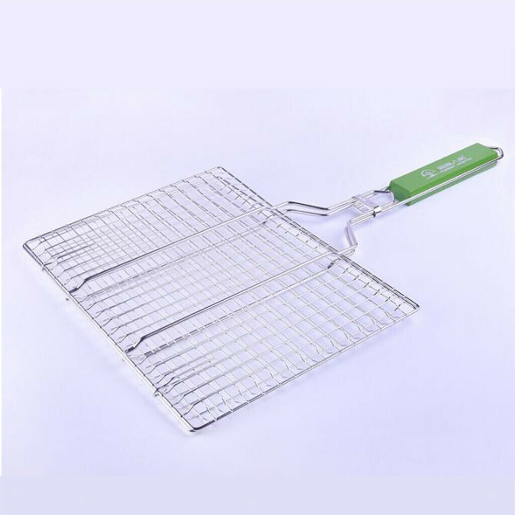 Barbecue Grilling Basket Grill BBQ Net for Meat Veg Steak w/Wooden Handle L